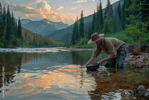Gold Prospector Panning in Mountain Stream at Dawn for Wealth.