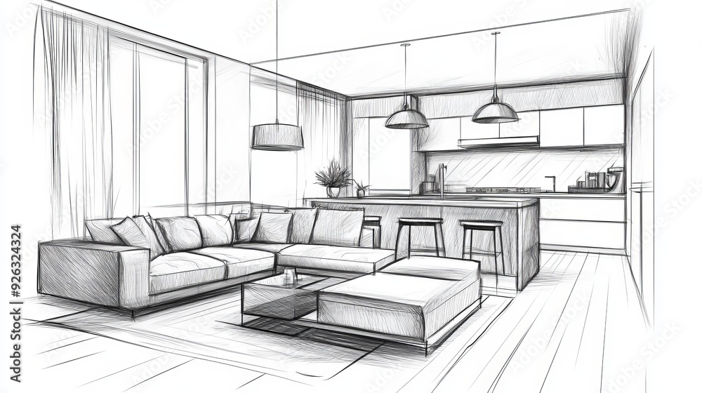 Sketch of a kitchen and living room interior with stylish furniture illustration