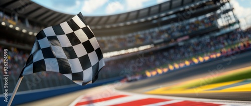 At the finish line, victory's flag waves against a backdrop of speed and excitement photo