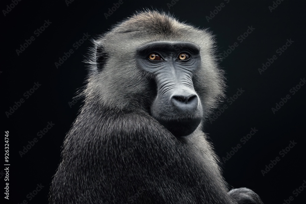 Fototapeta premium Photo of an baboon isolated against a black background, emphasising the baboon's majestic features. Wildlife and conservation concept, space for copy.