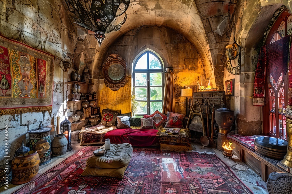 Obraz premium Ancient Castle Secret Room with Treasures, Tapestries, and Armors