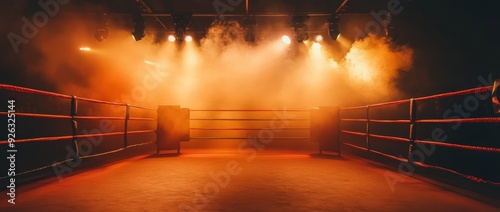 As a big match is about to begin, anticipation builds in an empty wrestling ring lit by spotlights. photo