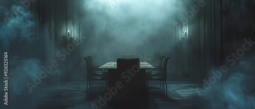 A mysterious, fog-filled room with an empty dining table and chairs, illuminated by eerie wall sconce lighting.