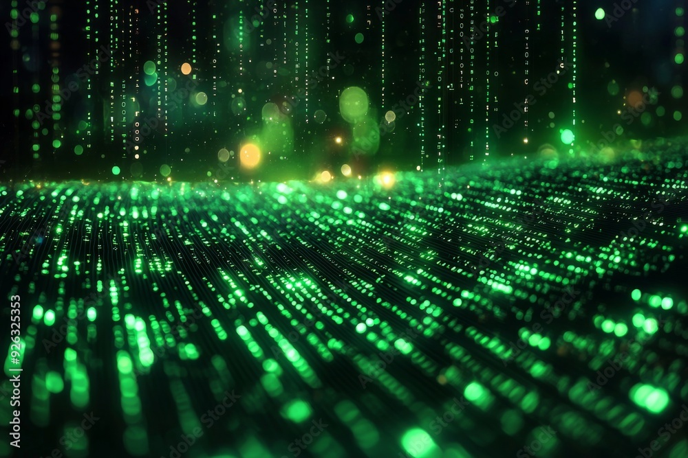 Green Dark Binary Code with Data Streaming Background created with Generative AI