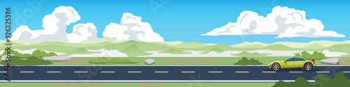Travels of sport sedan car of yellow color with driving for banner. Asphalt road near the hillside with a view of distant mountains and mist at the foot of the hills. Under blue sky and white clouds.