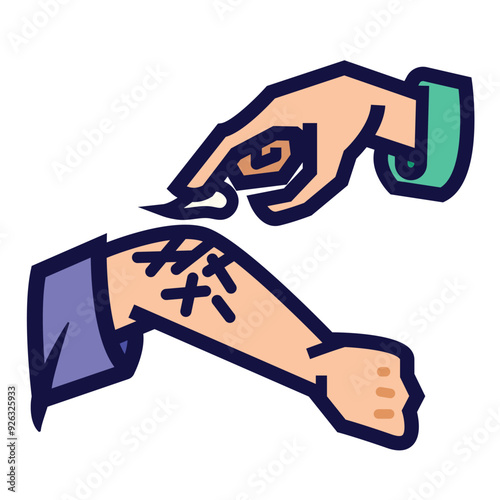 Hand applying ointment on wounds colorful icon illustration isolated on square white background. Simple flat outlined cartoon art styled medical treatment themed drawing.