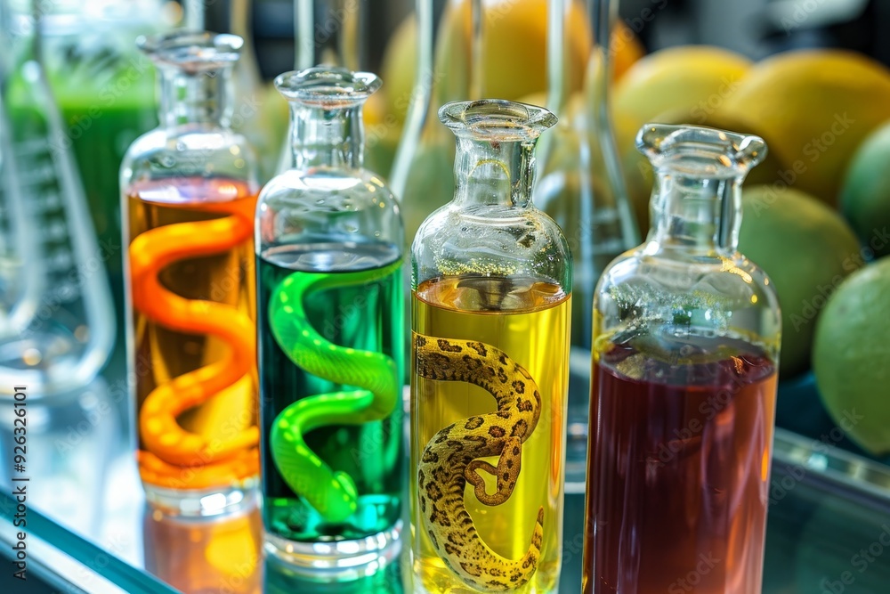 Lab Setting with Vials of Snake Venom and Antivenom Production Process. Lab Setting with Vials of Snake Venom and Antivenom Production Process.