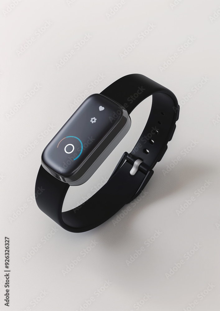 Elegant smart fitness tracker mockup with a black band and black screen, featuring modern design and minimalist aesthetics. High quality photo Elegant smart fitness tracker mockup with a black band and black screen, featuring modern design and minimalist aesthetics. High quality photo