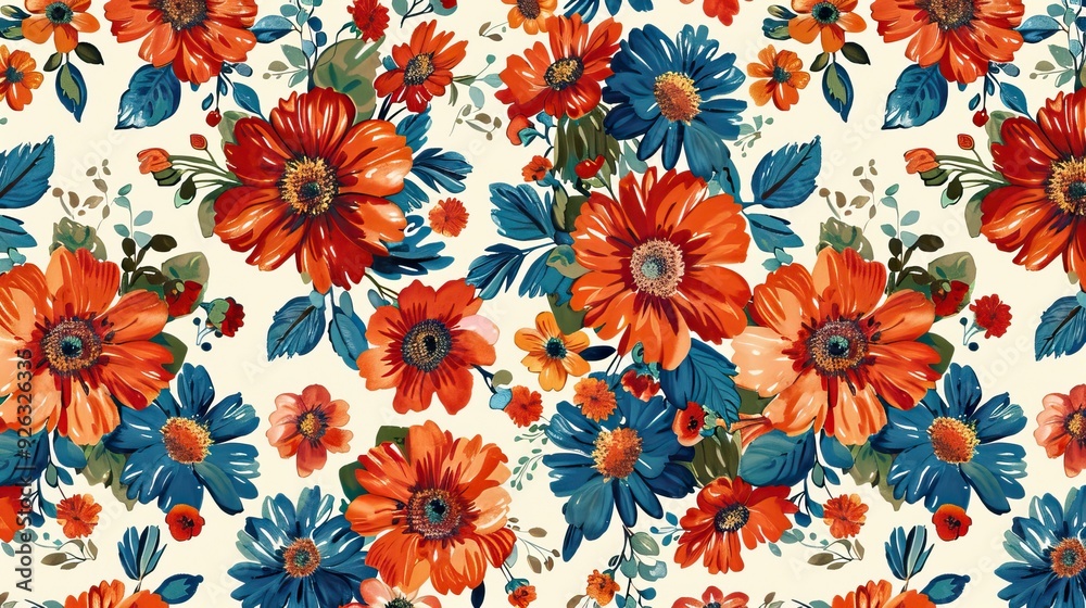 custom made wallpaper toronto digitalVibrant Orange and Blue Floral Pattern on Cream Background