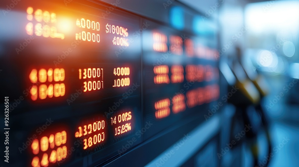 A close-up view of a digital fuel price display at a gas station, showcasing vibrant glowing numbers and modern technology. A close-up view of a digital fuel price display at a gas station, showcasing vibrant glowing numbers and modern technology.