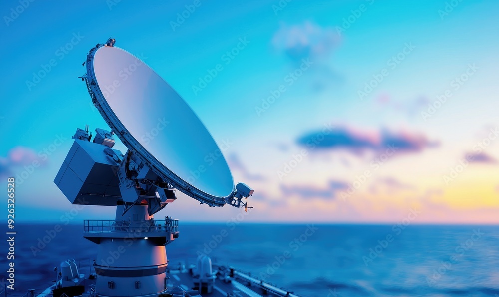 A close-up view of a satellite dish on a ship against a vibrant sunset over the ocean, showcasing technology and maritime scenery. A close-up view of a satellite dish on a ship against a vibrant sunset over the ocean, showcasing technology and maritime scenery.