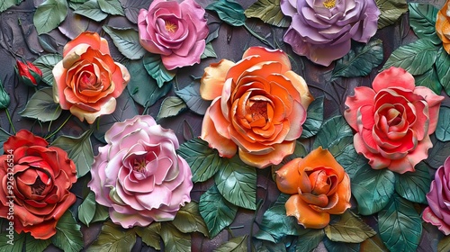 Colorful Clay Roses with Green Leaves on Textured Background