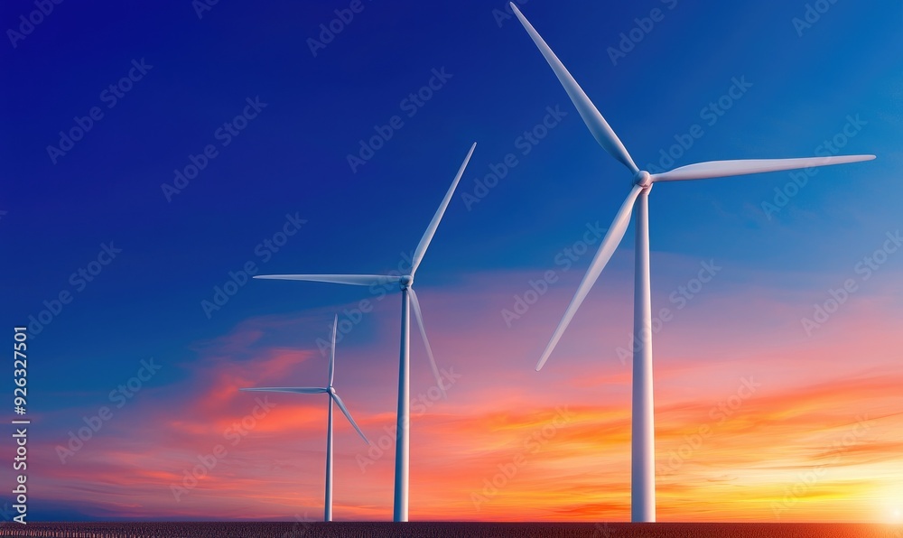 Fototapeta premium A serene landscape featuring three wind turbines against a vibrant sunset sky, symbolizing renewable energy and sustainability.