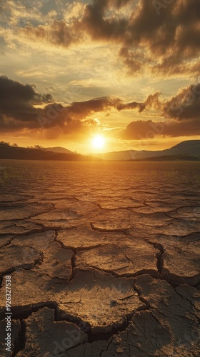 A beautiful sunset casts warm colors over cracked, dry soil in a desolate landscape