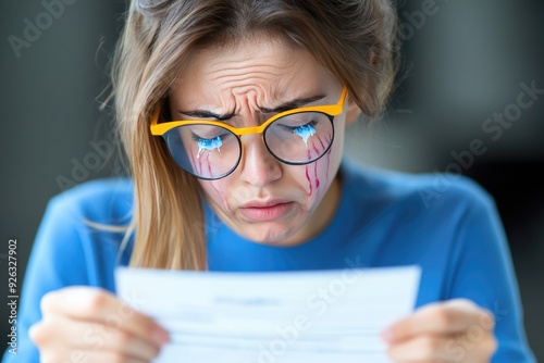 A young woman with glasses shows distress while reading a letter, highlighting emotions of concern and anxiety.