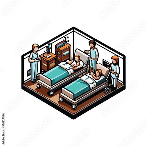 Isometric vector illustration of a hospital ward with two patients in beds, a nurse checking on one patient, and a doctor talking to another.