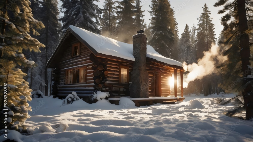 A quiet, snowy forest scene with a small log cabin, smoke curling from the chimney, and snow-covered pine trees glistening in the sunlight