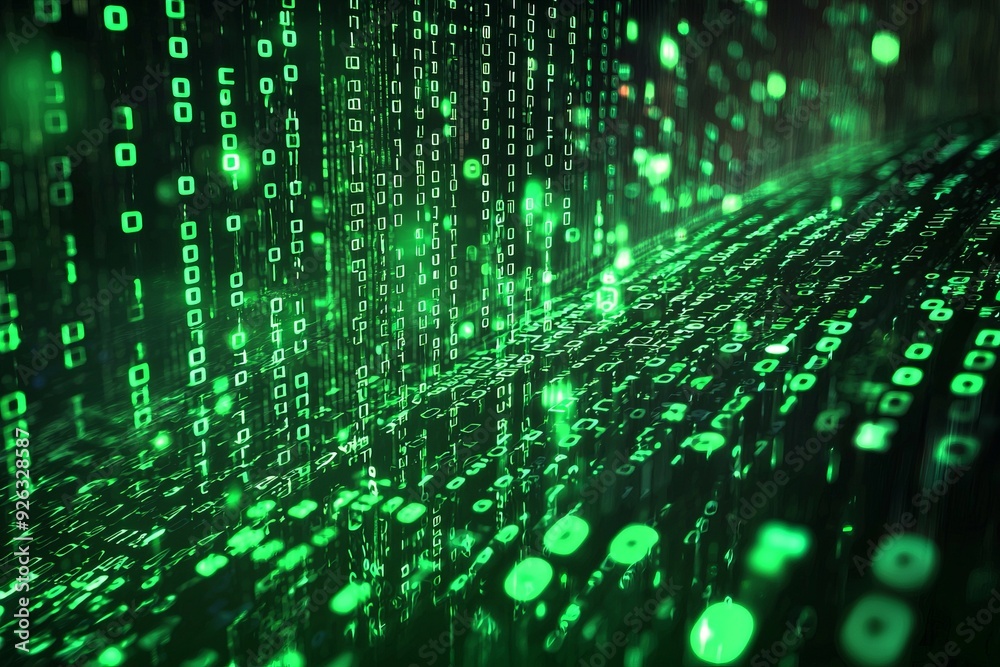 Green Dark Binary Code with Data Streaming Background created with Generative AI Green Dark Binary Code with Data Streaming Background created with Generative AI