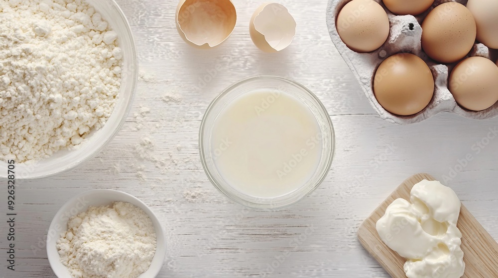 Overhead View of Flour, Egg, and Milk Ingredients on White Table Overhead View of Flour, Egg, and Milk Ingredients on White Table