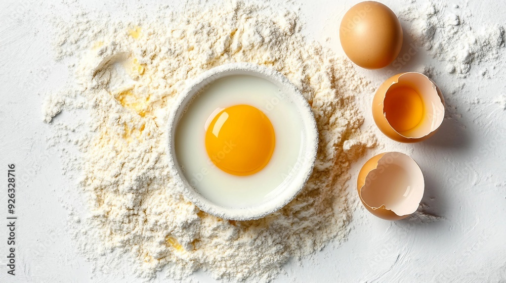Ingredients for Baking - Flour, Egg, Milk on White Table Top View. Ingredients for Baking - Flour, Egg, Milk on White Table Top View.