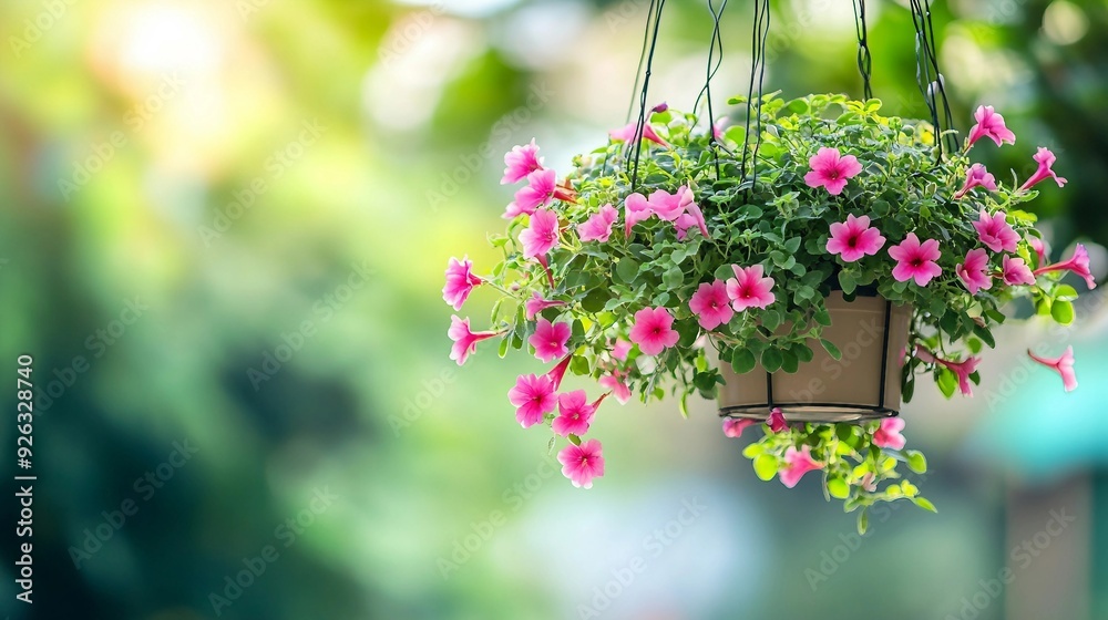 Lush Flower in Hanging Planter Against Green Blurred Background - Selective Focus Lush Flower in Hanging Planter Against Green Blurred Background - Selective Focus