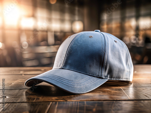 blue Baseball cap on wood texture background photo