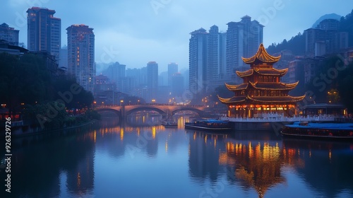 Guiyang China skyline featuring Jiaxiu Pavilion on the Nanming River photo