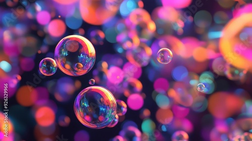 Colorful soap bubbles float gracefully in a dreamy background, creating a vibrant and playful atmosphere filled with light.