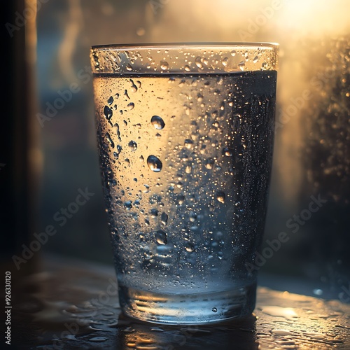 Foggy Glass Surface with Prominent Water Droplets Creating an Atmospheric Effect  photo