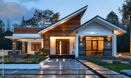 Fototapeta Naklejka Na Ścianę i Meble -  A small modern house in Kerala with white walls and wooden accents, gable roof design, front perspective, lights on inside the windows