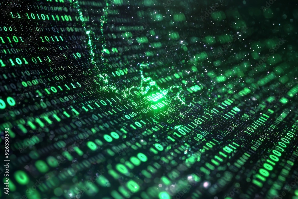 Green Dark Binary Code with Data Streaming Background created with Generative AI Green Dark Binary Code with Data Streaming Background created with Generative AI