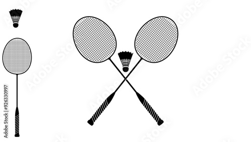 Badminton sport equipments, badminton racket and shuttlecock,  black isolated silhouette