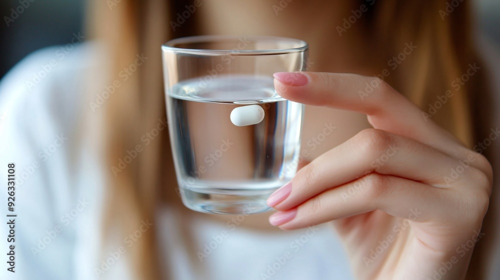 Woman with Antidepressant Pill and Glass of Water Close Up Woman with Antidepressant Pill and Glass of Water Close Up