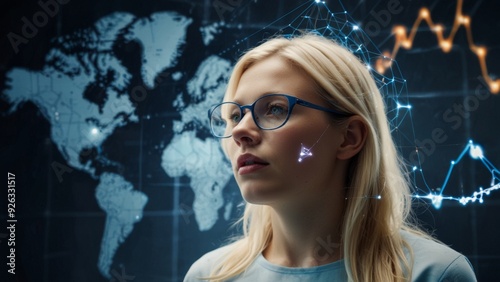 A woman looks at digital data projections against a world map background