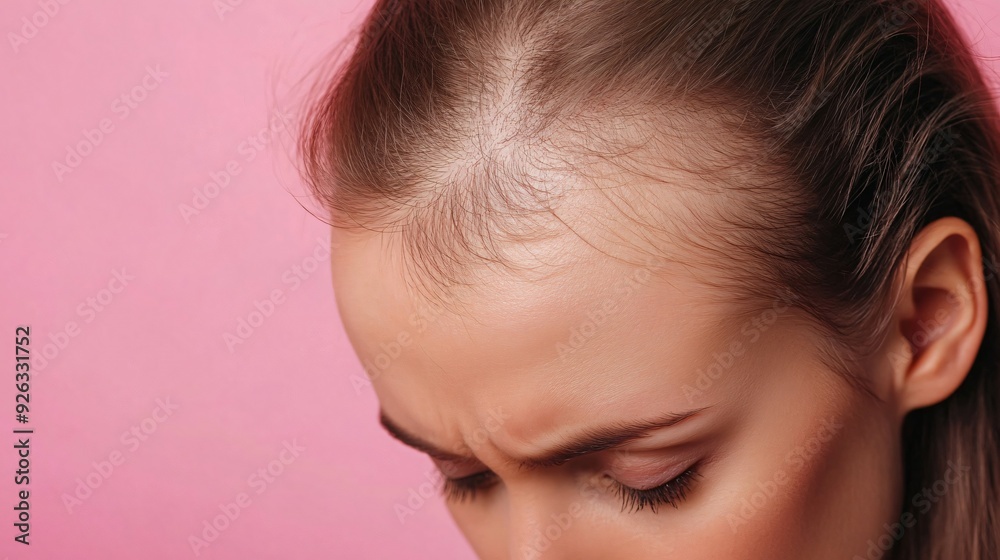 Close-up of Woman with Hair Loss Problem on Pink Background Close-up of Woman with Hair Loss Problem on Pink Background