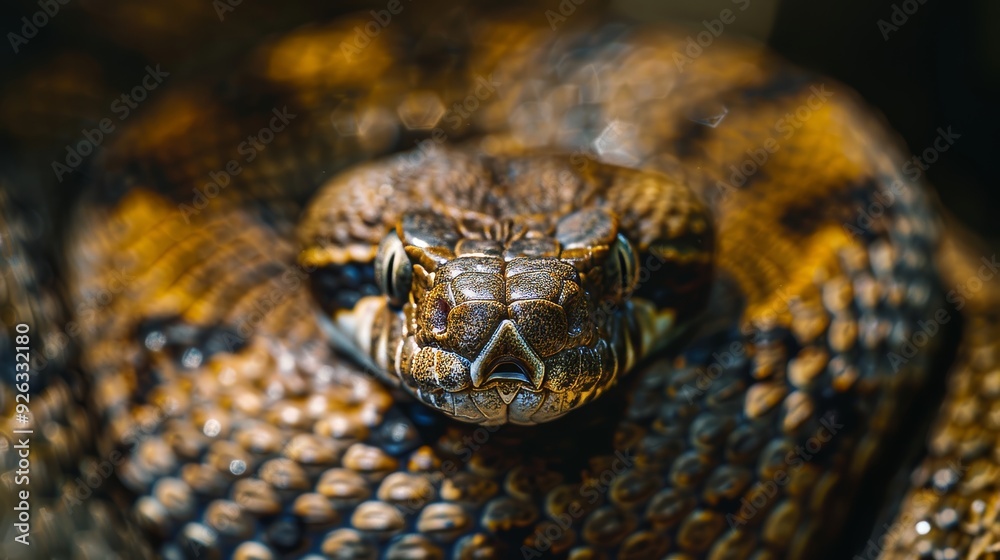 Coiled Venomous Snake Displaying Fangs and Intense Eyes in Focus.