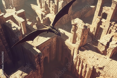 Top-down perspective of a dragon flying above ancient ruins