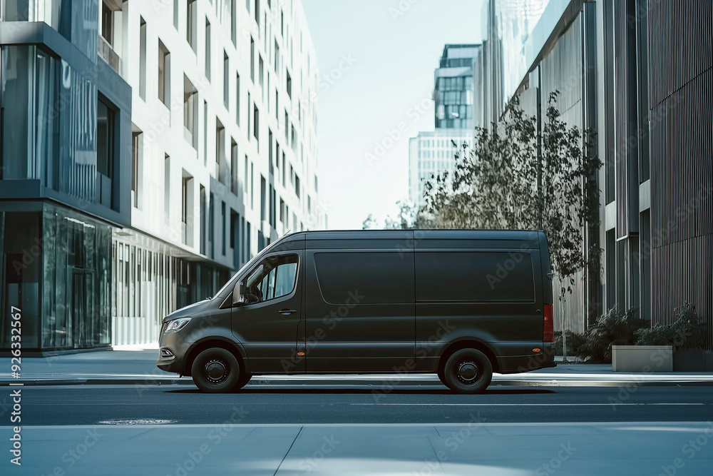 Black Delivery Van Parked on a Modern Urban Street with Contemporary Architecture. Black Delivery Van Parked on a Modern Urban Street with Contemporary Architecture.