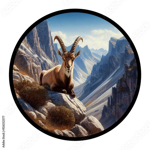 A circular 3D rendered watercolor painting of an Ibex, isolated on a transparent background