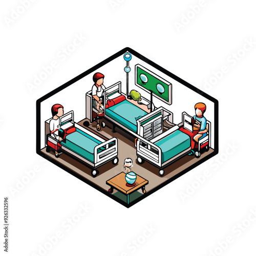 Isometric vector design of a hospital ward with patients in beds and a nurse.