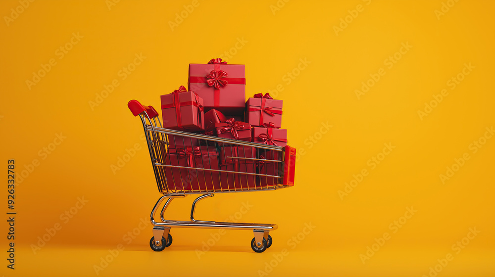 Shopping Cart Filled with Red Gift Boxes Against a Yellow Background with Copy Space for Black Friday Promotions Shopping Cart Filled with Red Gift Boxes Against a Yellow Background with Copy Space for Black Friday Promotions