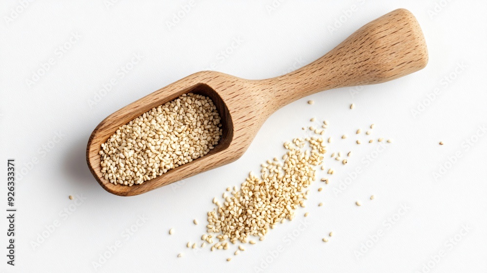 Wooden Scoop with Sesame Seeds on White Background - Top View Wooden Scoop with Sesame Seeds on White Background - Top View