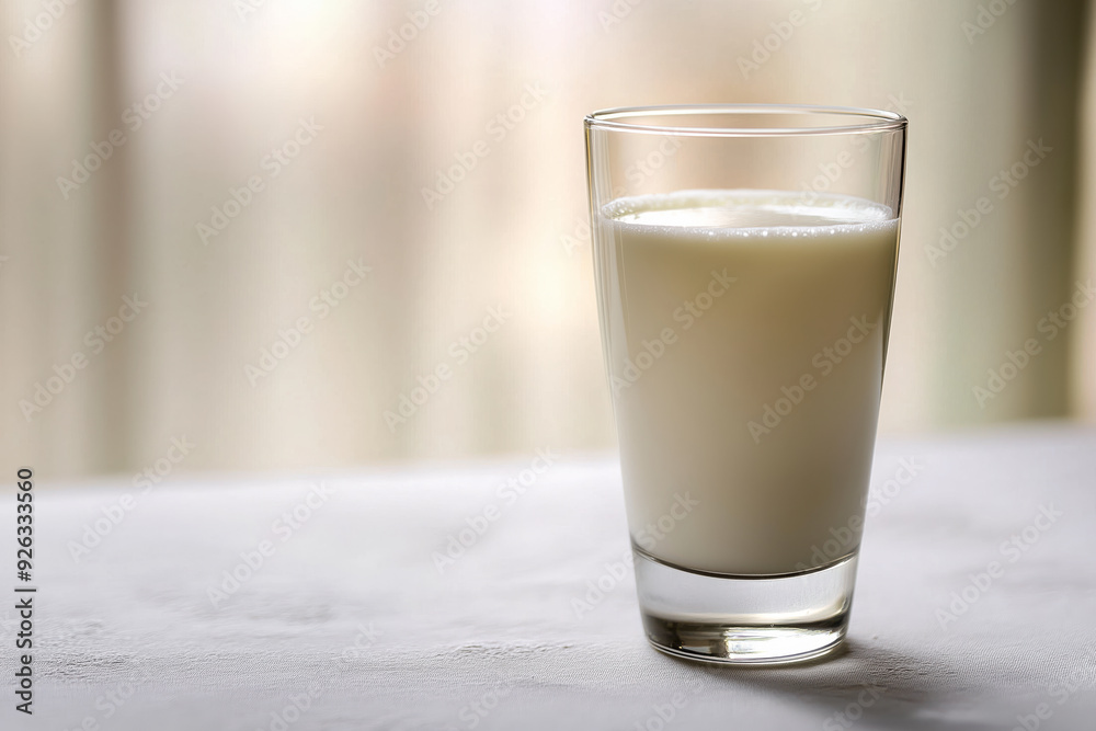 Glass of fresh milk on a white surface with a blurred light background, representing a healthy dairy beverage and a nutritious breakfast option Glass of fresh milk on a white surface with a blurred light background, representing a healthy dairy beverage and a nutritious breakfast option