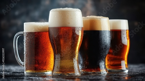 Four beer glasses sitting next to each other on a table. Each glass is filled with a different type of beer, showcasing a range of colors from light amber to dark brown.