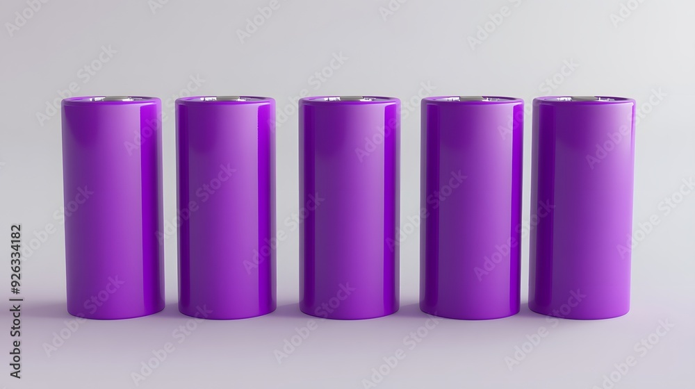 A group of purple cylinders are arranged on a purple background. The cylinders are all the same size and shape, and they appear to be made of a shiny, metallic material. Scene is one of order A group of purple cylinders are arranged on a purple background. The cylinders are all the same size and shape, and they appear to be made of a shiny, metallic material. Scene is one of order