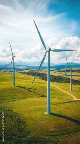 Turbines spin gracefully under a bright blue sky, harnessing wind energy in the countryside