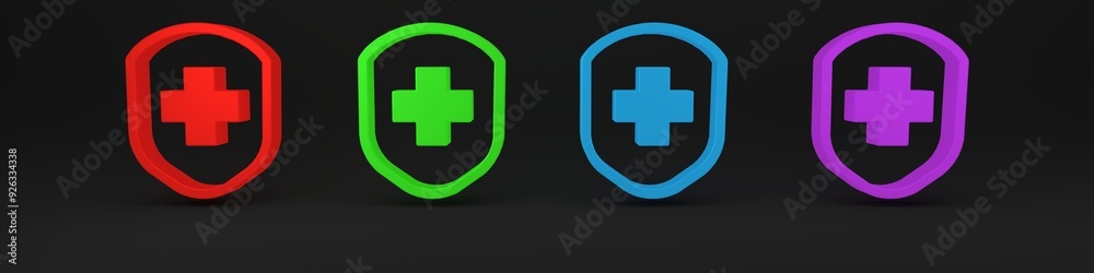 Colorful Medical shield with cross icon isolated on black background. Protection, safety, password security. Minimalism concept. 3D render illustration Colorful Medical shield with cross icon isolated on black background. Protection, safety, password security. Minimalism concept. 3D render illustration