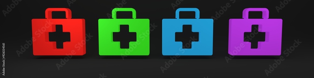 Colorful First aid kit icon isolated on black background. Medical box with cross. Medical equipment for emergency. Healthcare concept. Minimalism concept. 3D render illustration Colorful First aid kit icon isolated on black background. Medical box with cross. Medical equipment for emergency. Healthcare concept. Minimalism concept. 3D render illustration