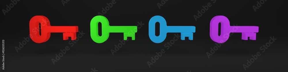 Colorful Old key icon isolated on black background. Minimalism concept. 3D render illustration