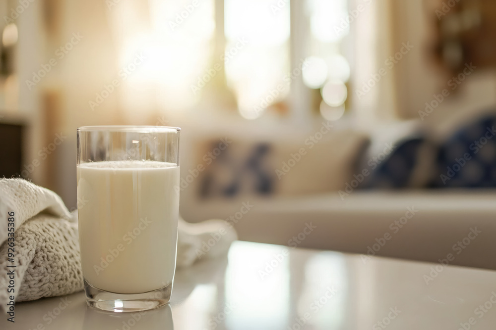 Glass of milk on a table in a cozy, sunlit living room, representing healthy breakfast or dairy product concept Glass of milk on a table in a cozy, sunlit living room, representing healthy breakfast or dairy product concept